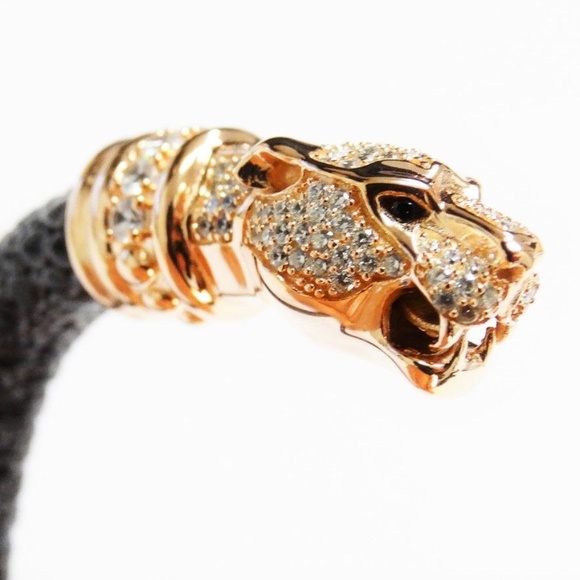AGACCI leather Panther Bangle Bracelet 18K Silver - Picture 1 of 4